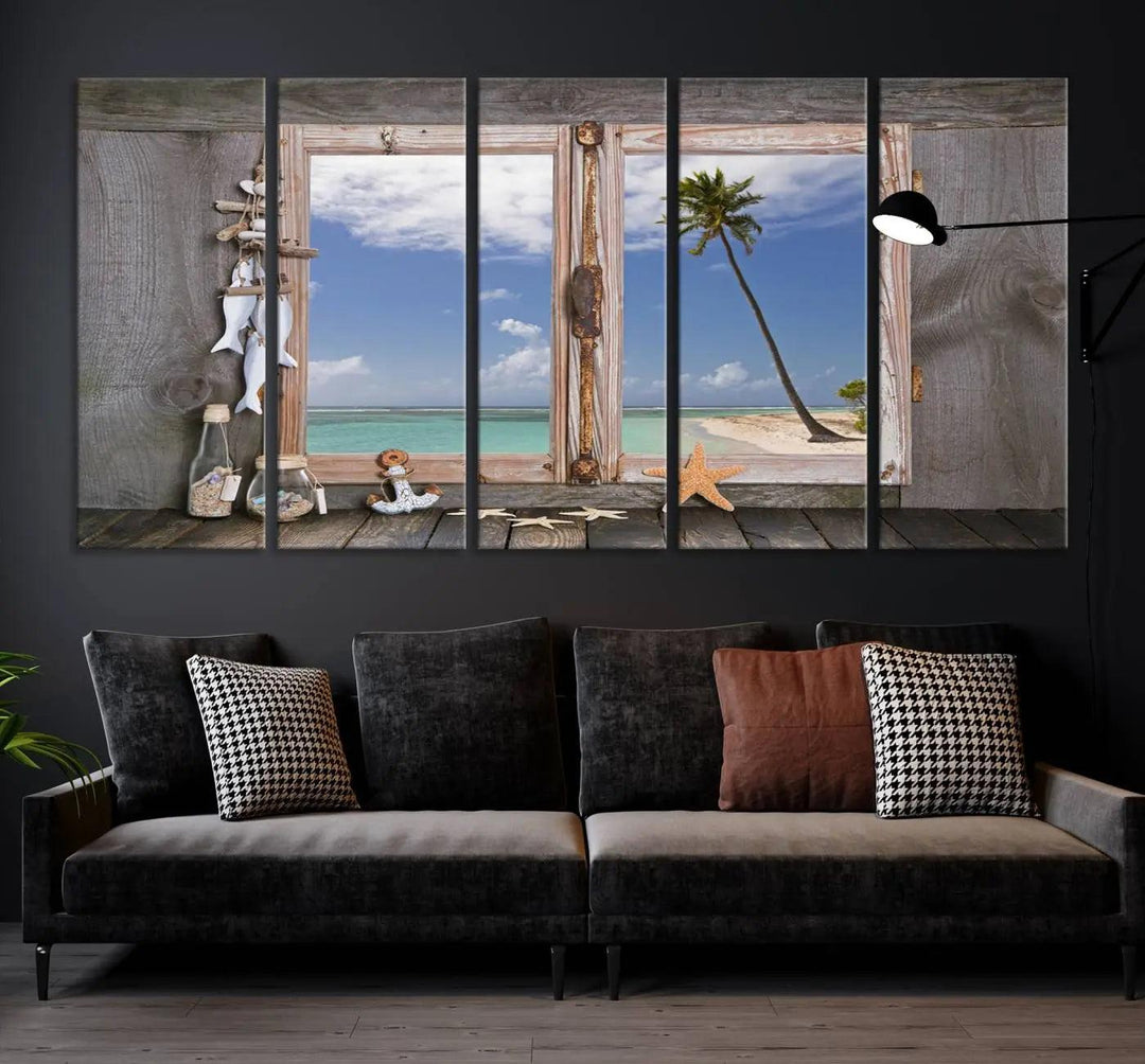 The "Window Wall Art Relaxing Beach Starfish Seashells Nautical Art Ocean Artwork," crafted on museum-quality canvas, infuses your living space with serene coastal charm and is ready to hang.