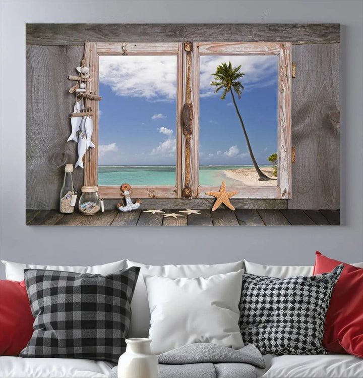 The "Window Wall Art Relaxing Beach Starfish Seashells Nautical Art Ocean Artwork," crafted on museum-quality canvas, infuses your living space with serene coastal charm and is ready to hang.