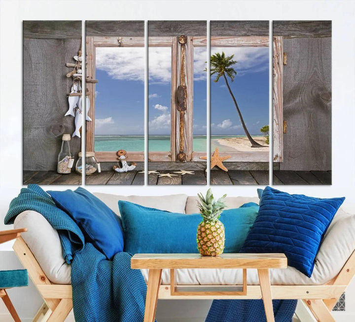 The "Window Wall Art Relaxing Beach Starfish Seashells Nautical Art Ocean Artwork," crafted on museum-quality canvas, infuses your living space with serene coastal charm and is ready to hang.