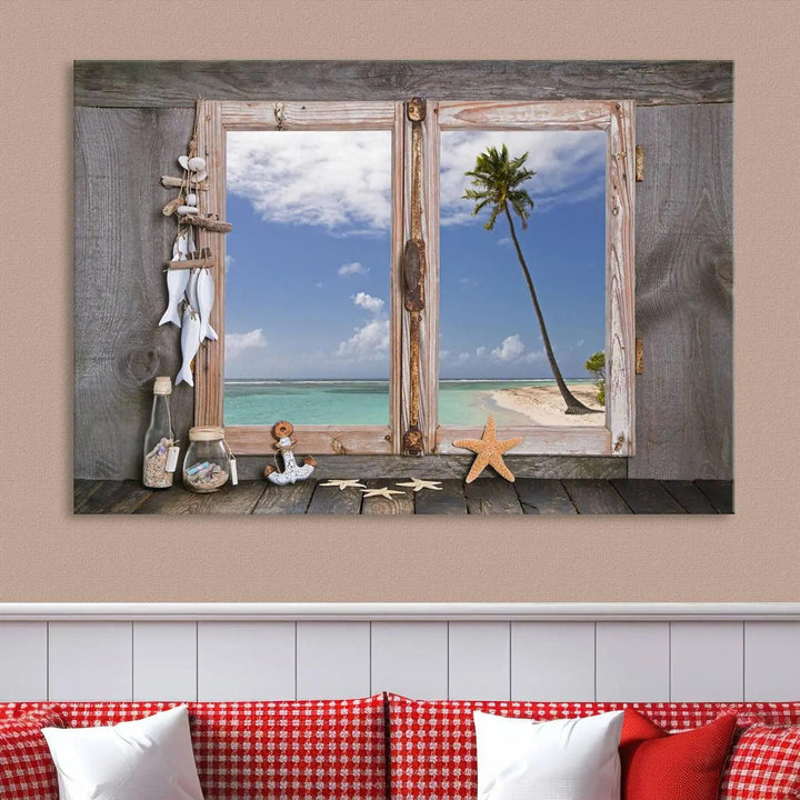 The "Window Wall Art Relaxing Beach Starfish Seashells Nautical Art Ocean Artwork," crafted on museum-quality canvas, infuses your living space with serene coastal charm and is ready to hang.