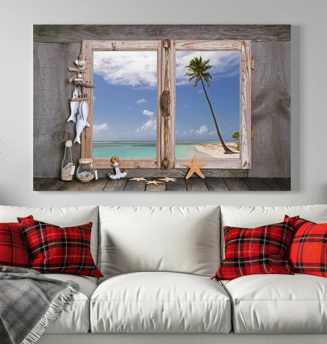 The "Window Wall Art Relaxing Beach Starfish Seashells Nautical Art Ocean Artwork," crafted on museum-quality canvas, infuses your living space with serene coastal charm and is ready to hang.