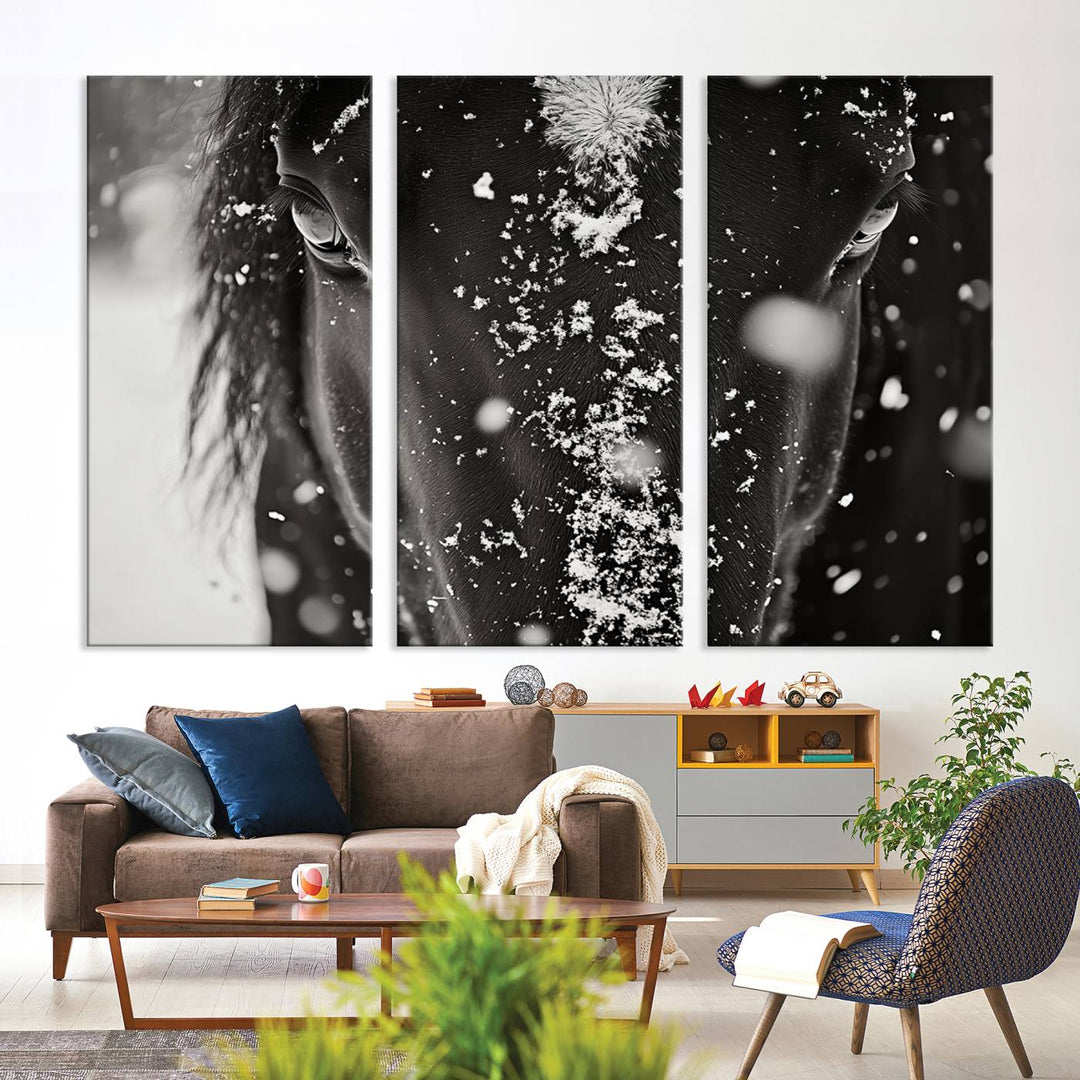 The Winter Horse Snow Wall Art Canvas Print, a black and white triptych showcasing a snow-covered horse's face, infuses the space with rustic cabin decor.