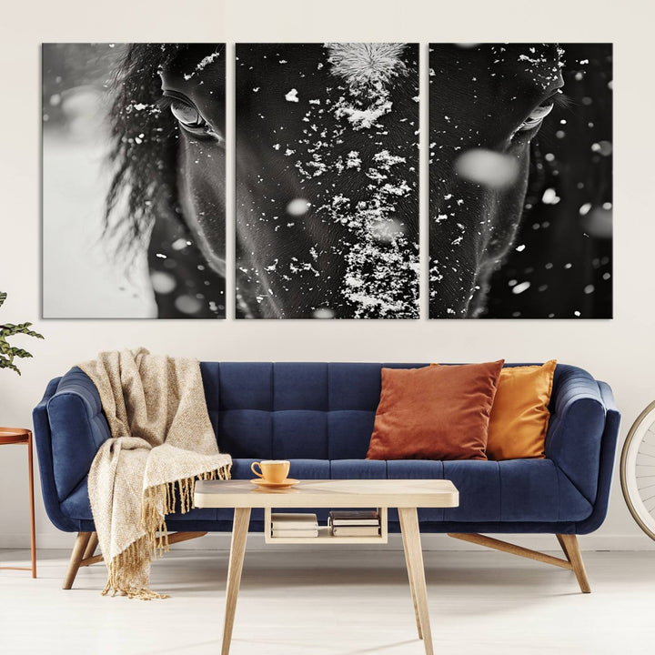 The Winter Horse Snow Wall Art Canvas Print, a black and white triptych showcasing a snow-covered horse's face, infuses the space with rustic cabin decor.