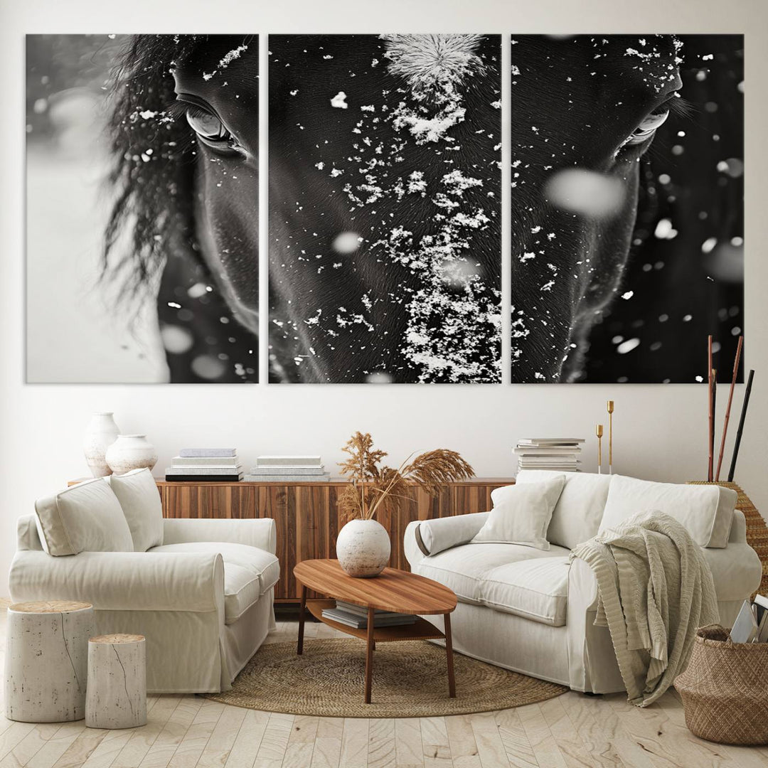 The Winter Horse Snow Wall Art Canvas Print, a black and white triptych showcasing a snow-covered horse's face, infuses the space with rustic cabin decor.