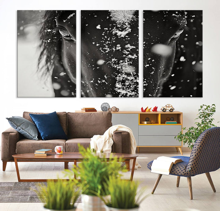 The Winter Horse Snow Wall Art Canvas Print, a black and white triptych showcasing a snow-covered horse's face, infuses the space with rustic cabin decor.