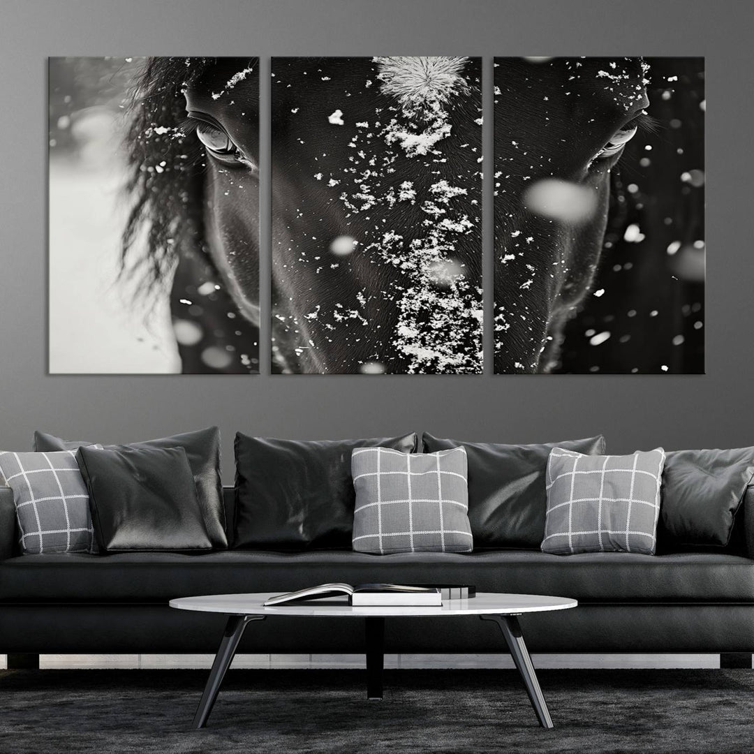 The Winter Horse Snow Wall Art Canvas Print, a black and white triptych showcasing a snow-covered horse's face, infuses the space with rustic cabin decor.