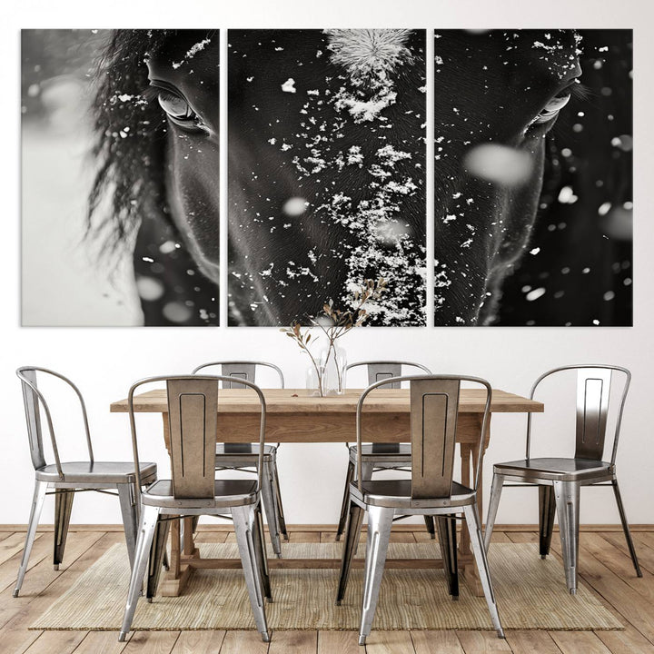 The Winter Horse Snow Wall Art Canvas Print, a black and white triptych showcasing a snow-covered horse's face, infuses the space with rustic cabin decor.