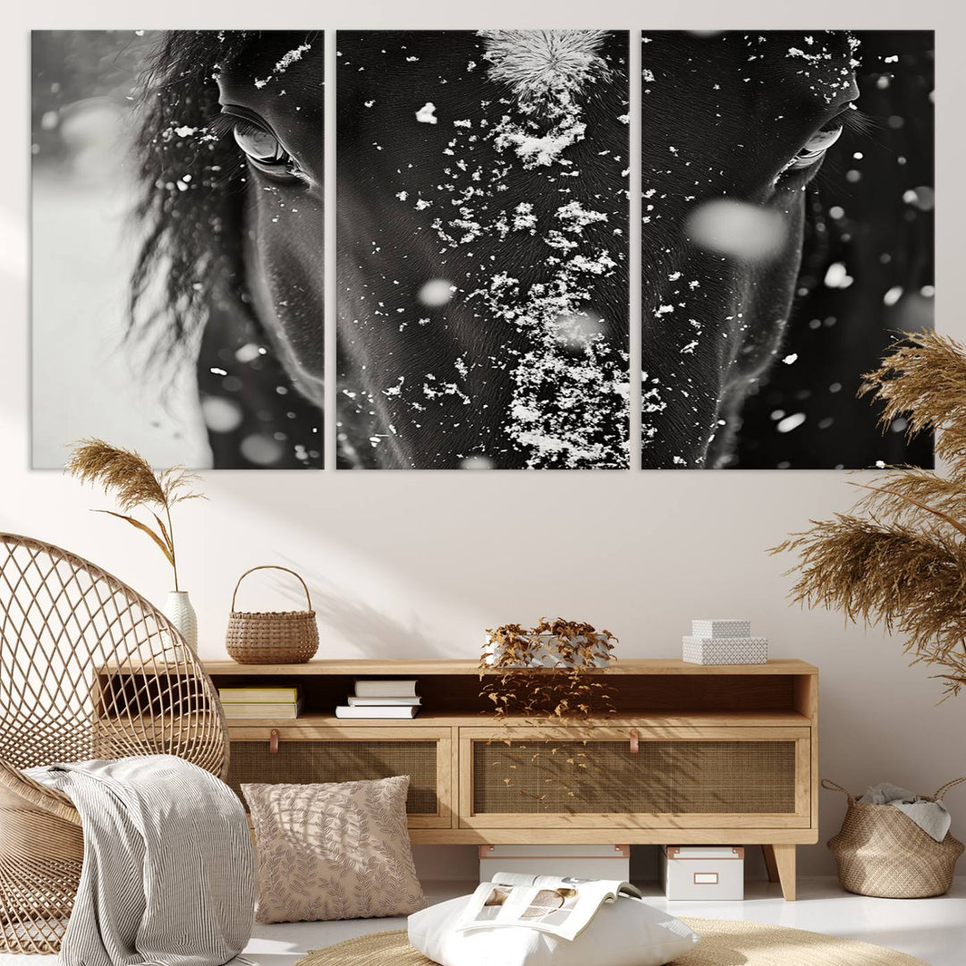 The Winter Horse Snow Wall Art Canvas Print, a black and white triptych showcasing a snow-covered horse's face, infuses the space with rustic cabin decor.