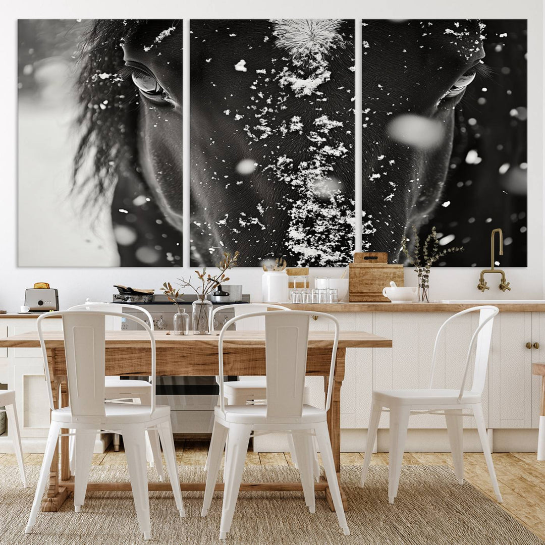 The Winter Horse Snow Wall Art Canvas Print, a black and white triptych showcasing a snow-covered horse's face, infuses the space with rustic cabin decor.