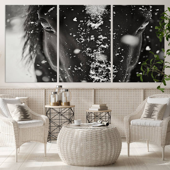 The Winter Horse Snow Wall Art Canvas Print, a black and white triptych showcasing a snow-covered horse's face, infuses the space with rustic cabin decor.