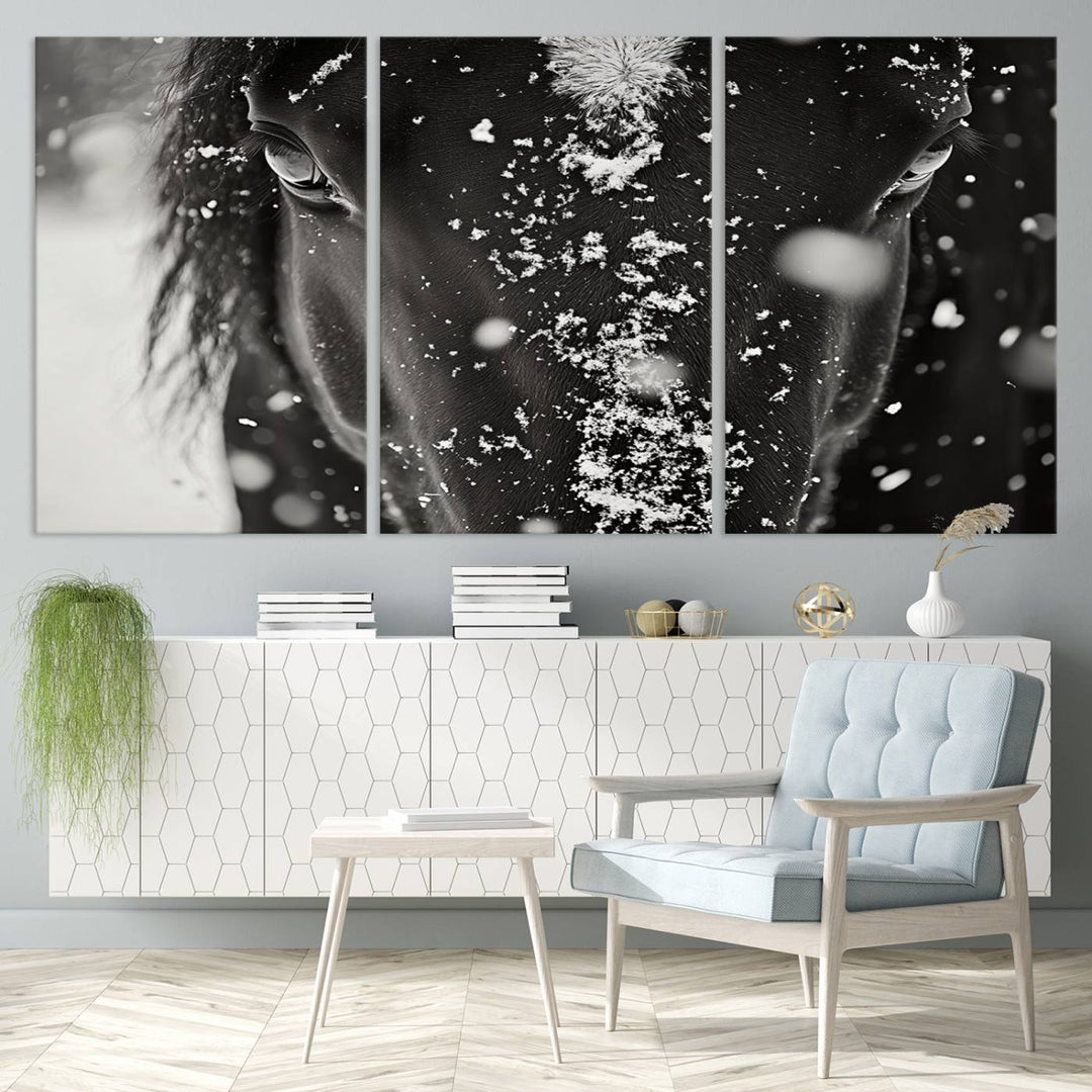 The Winter Horse Snow Wall Art Canvas Print, a black and white triptych showcasing a snow-covered horse's face, infuses the space with rustic cabin decor.