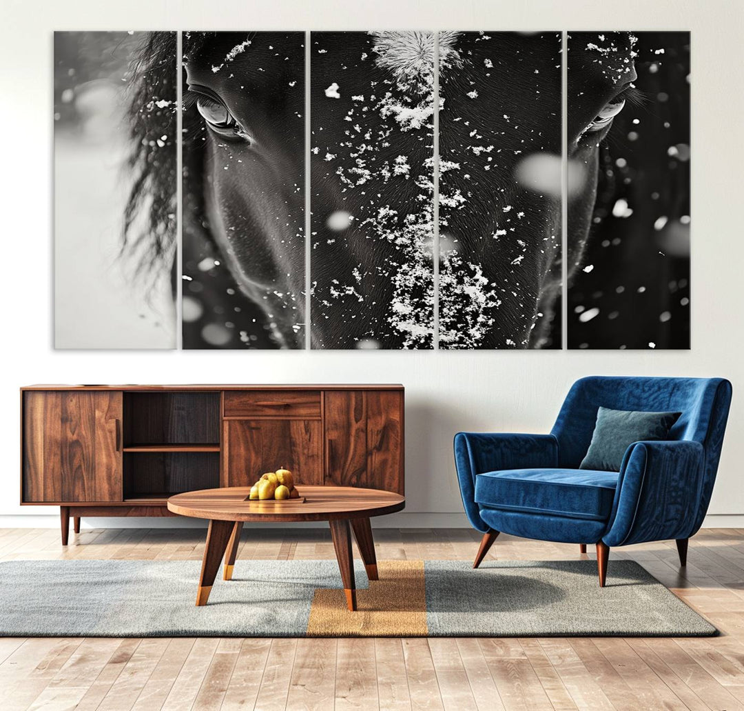 The Winter Horse Snow Wall Art Canvas Print, a black and white triptych showcasing a snow-covered horse's face, infuses the space with rustic cabin decor.