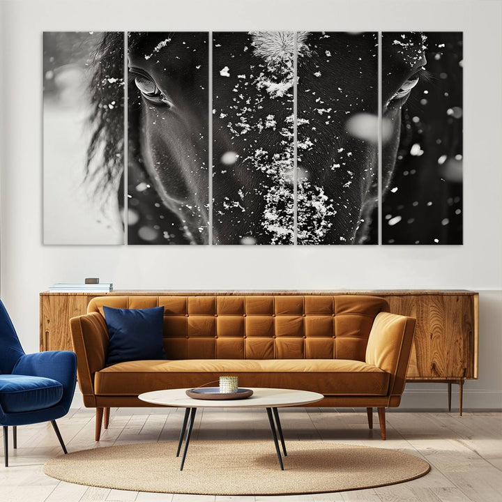 The Winter Horse Snow Wall Art Canvas Print, a black and white triptych showcasing a snow-covered horse's face, infuses the space with rustic cabin decor.