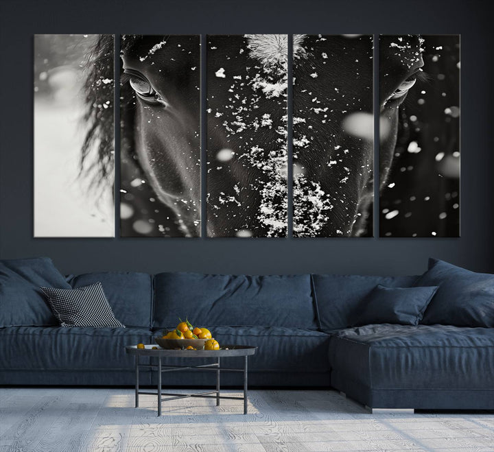 The Winter Horse Snow Wall Art Canvas Print, a black and white triptych showcasing a snow-covered horse's face, infuses the space with rustic cabin decor.