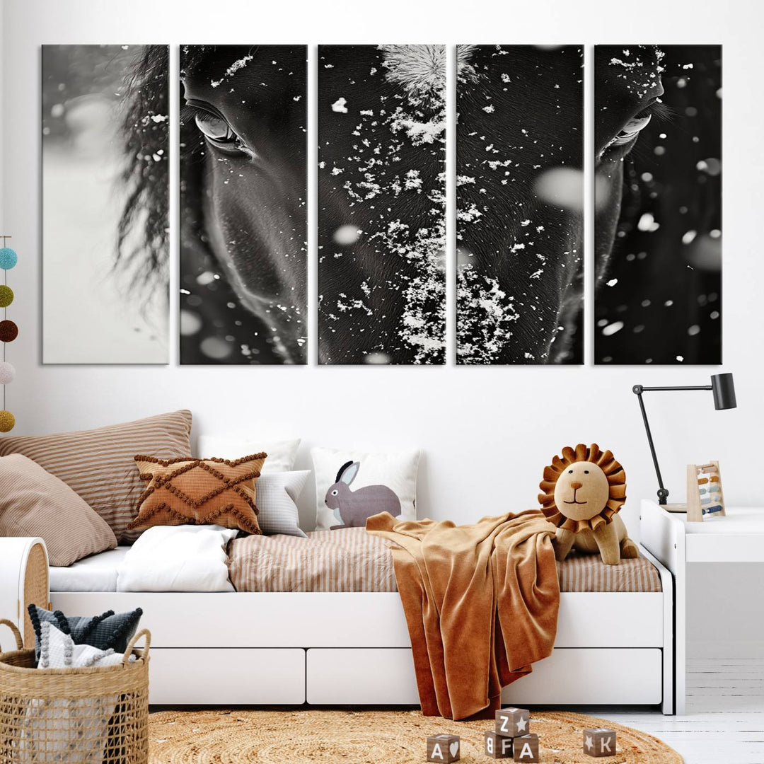 The Winter Horse Snow Wall Art Canvas Print, a black and white triptych showcasing a snow-covered horse's face, infuses the space with rustic cabin decor.