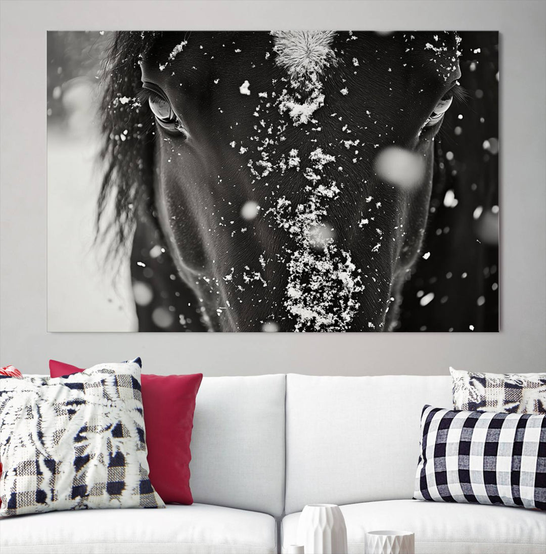 The Winter Horse Snow Wall Art Canvas Print, a black and white triptych showcasing a snow-covered horse's face, infuses the space with rustic cabin decor.