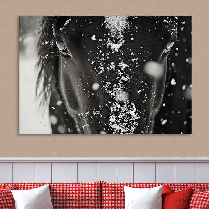 The Winter Horse Snow Wall Art Canvas Print, a black and white triptych showcasing a snow-covered horse's face, infuses the space with rustic cabin decor.