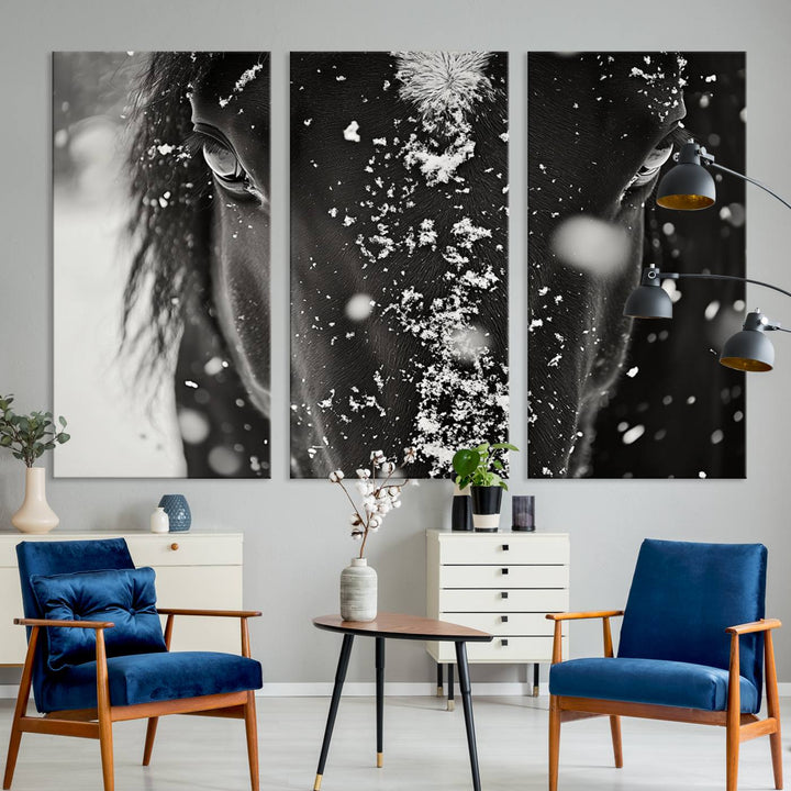 The Winter Horse Snow Wall Art Canvas Print, a black and white triptych showcasing a snow-covered horse's face, infuses the space with rustic cabin decor.