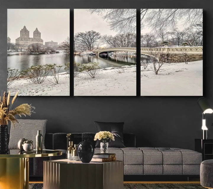 The dining room's winter scene is enhanced by the "Winter Park Wall Art" showcasing The Bow Bridge in Central Park, New York City as a premium canvas print, handcrafted in the USA.