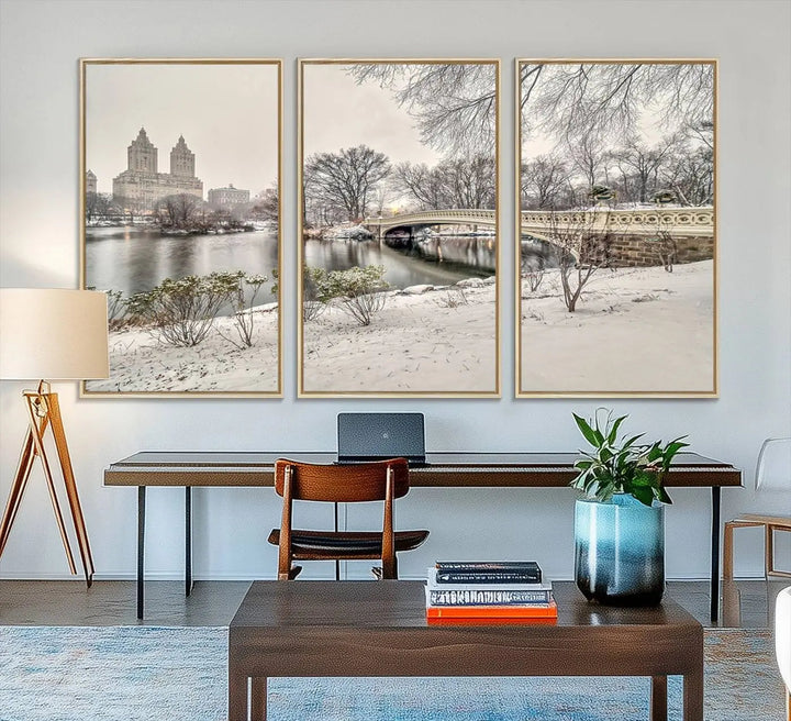 The dining room's winter scene is enhanced by the "Winter Park Wall Art" showcasing The Bow Bridge in Central Park, New York City as a premium canvas print, handcrafted in the USA.