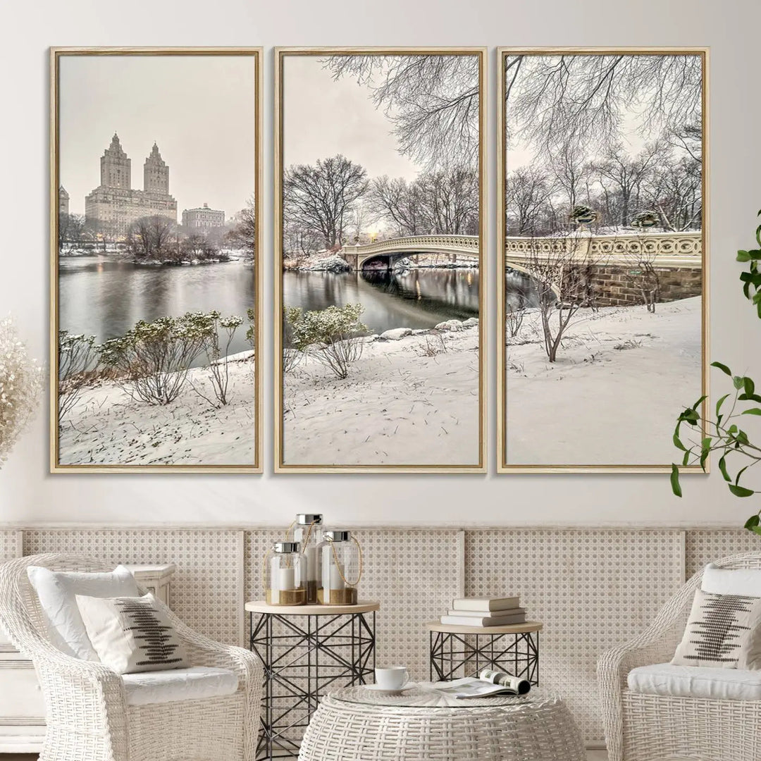 The dining room's winter scene is enhanced by the "Winter Park Wall Art" showcasing The Bow Bridge in Central Park, New York City as a premium canvas print, handcrafted in the USA.