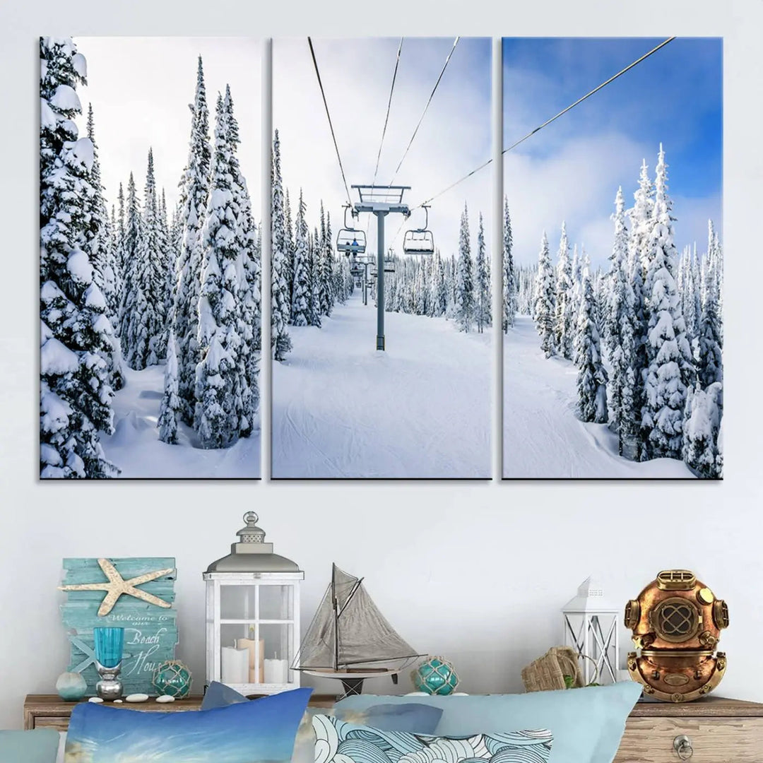 The "Winter Ski Lift Wall Art Print - Landscape Wall Art | Snowy Mountain Adventure | Perfect for Cabin Wall Art, Farmhouse Decor" showcases a snowy ski lift surrounded by snow-laden trees.