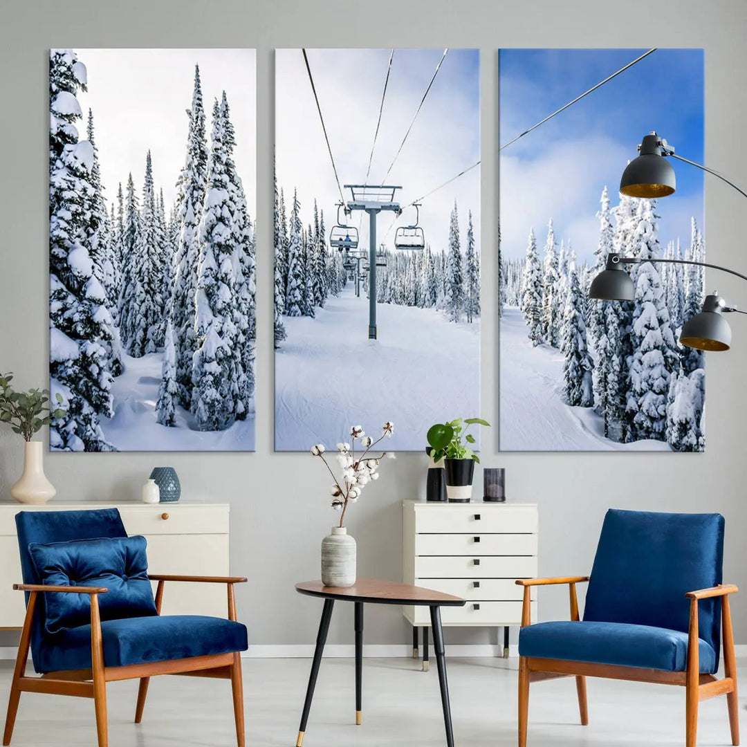 The "Winter Ski Lift Wall Art Print - Landscape Wall Art | Snowy Mountain Adventure | Perfect for Cabin Wall Art, Farmhouse Decor" showcases a snowy ski lift surrounded by snow-laden trees.