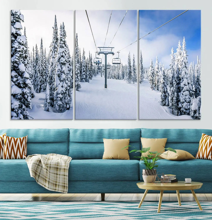 The "Winter Ski Lift Wall Art Print - Landscape Wall Art | Snowy Mountain Adventure | Perfect for Cabin Wall Art, Farmhouse Decor" showcases a snowy ski lift surrounded by snow-laden trees.