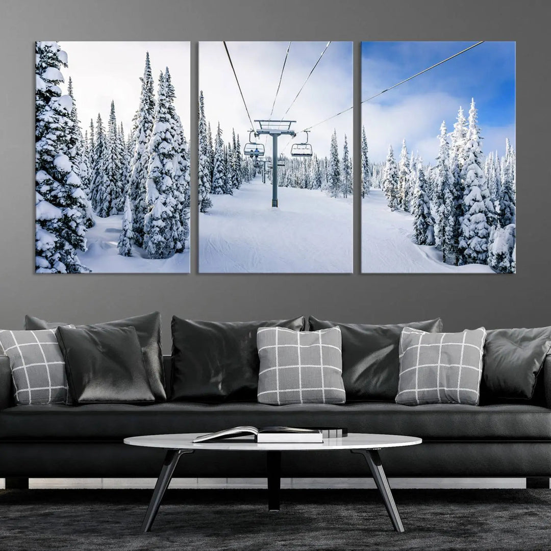 The "Winter Ski Lift Wall Art Print - Landscape Wall Art | Snowy Mountain Adventure | Perfect for Cabin Wall Art, Farmhouse Decor" showcases a snowy ski lift surrounded by snow-laden trees.