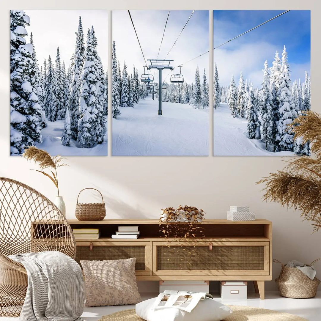 The "Winter Ski Lift Wall Art Print - Landscape Wall Art | Snowy Mountain Adventure | Perfect for Cabin Wall Art, Farmhouse Decor" showcases a snowy ski lift surrounded by snow-laden trees.