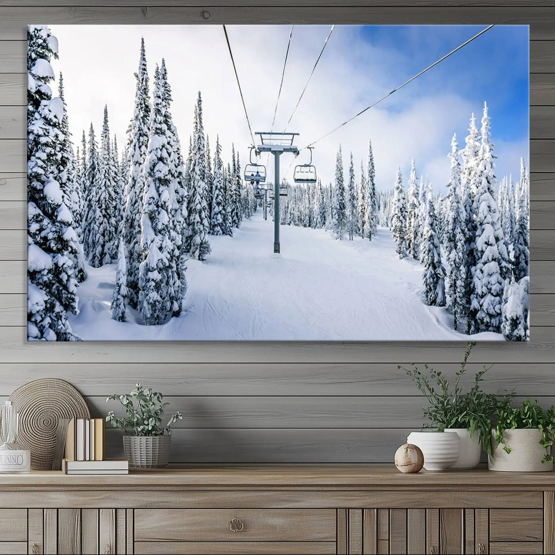 The "Winter Ski Lift Wall Art Print - Landscape Wall Art | Snowy Mountain Adventure | Perfect for Cabin Wall Art, Farmhouse Decor" showcases a snowy ski lift surrounded by snow-laden trees.