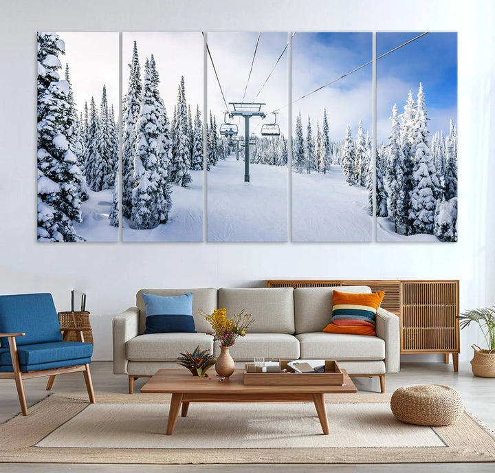 The "Winter Ski Lift Wall Art Print - Landscape Wall Art | Snowy Mountain Adventure | Perfect for Cabin Wall Art, Farmhouse Decor" showcases a snowy ski lift surrounded by snow-laden trees.