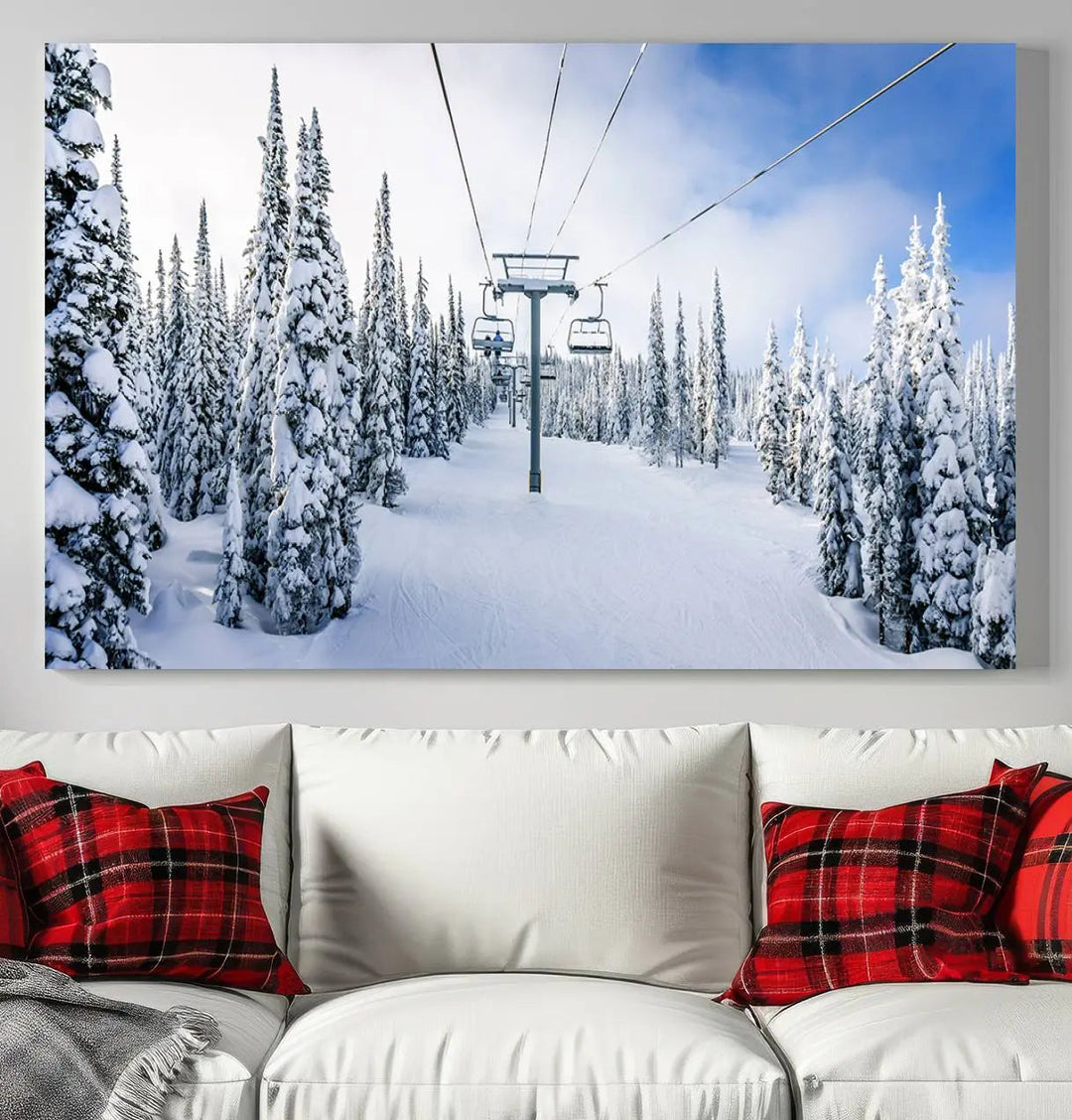 The "Winter Ski Lift Wall Art Print - Landscape Wall Art | Snowy Mountain Adventure | Perfect for Cabin Wall Art, Farmhouse Decor" showcases a snowy ski lift surrounded by snow-laden trees.