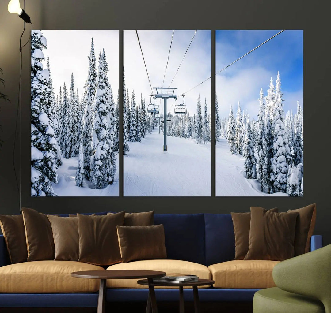 The "Winter Ski Lift Wall Art Print - Landscape Wall Art | Snowy Mountain Adventure | Perfect for Cabin Wall Art, Farmhouse Decor" showcases a snowy ski lift surrounded by snow-laden trees.