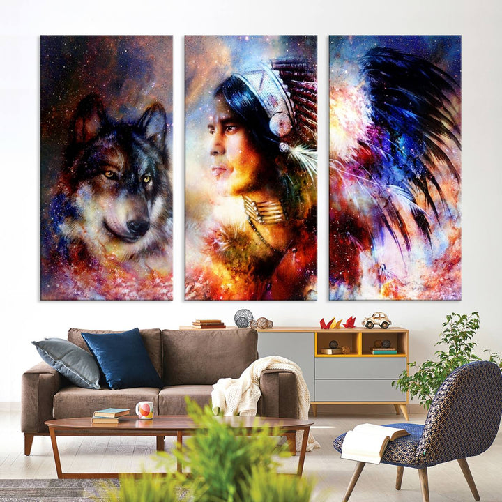 The "Wolf and Abstract Indian Chief Wall Art Canvas Print" showcases an abstract depiction of a person wearing a feathered headdress with a wolf set against a celestial backdrop, infusing any room with vibrant energy.