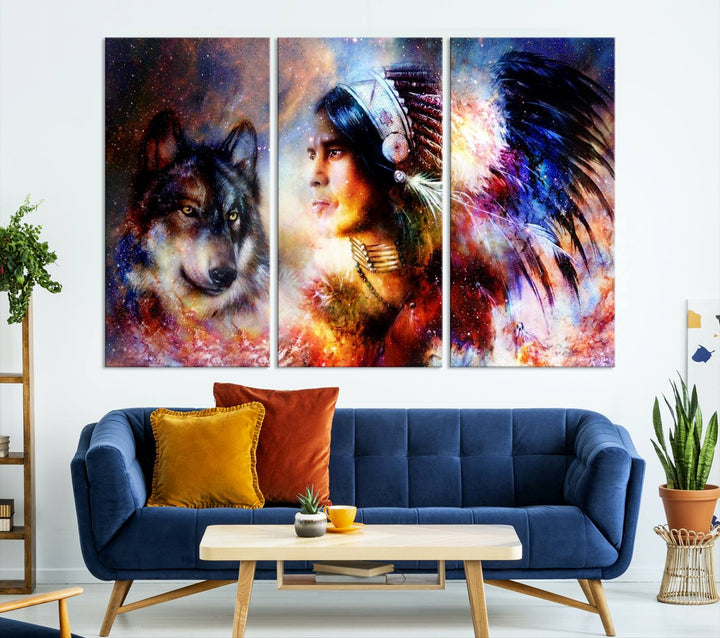 The "Wolf and Abstract Indian Chief Wall Art Canvas Print" showcases an abstract depiction of a person wearing a feathered headdress with a wolf set against a celestial backdrop, infusing any room with vibrant energy.