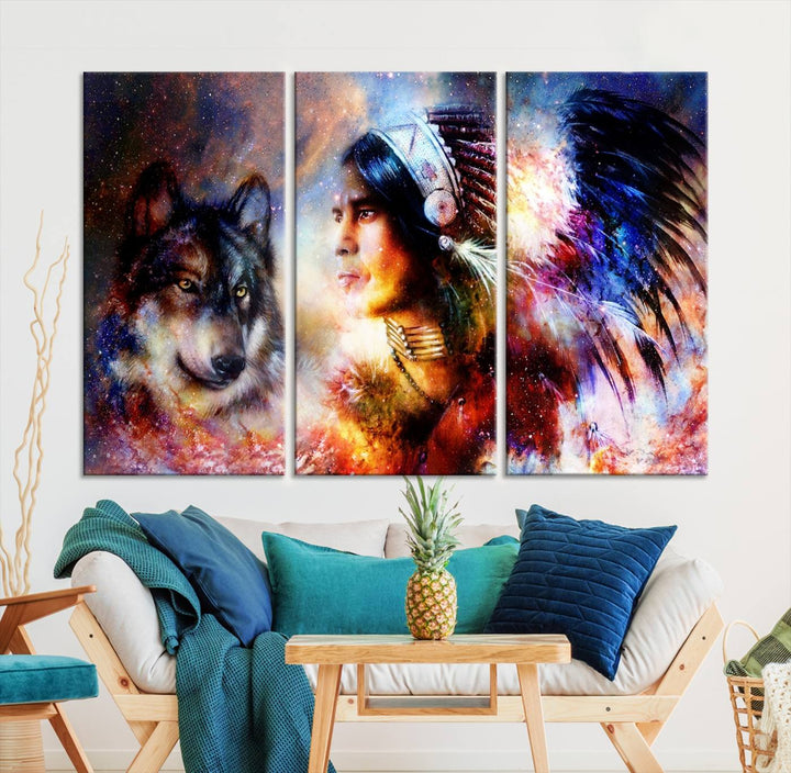 The "Wolf and Abstract Indian Chief Wall Art Canvas Print" showcases an abstract depiction of a person wearing a feathered headdress with a wolf set against a celestial backdrop, infusing any room with vibrant energy.