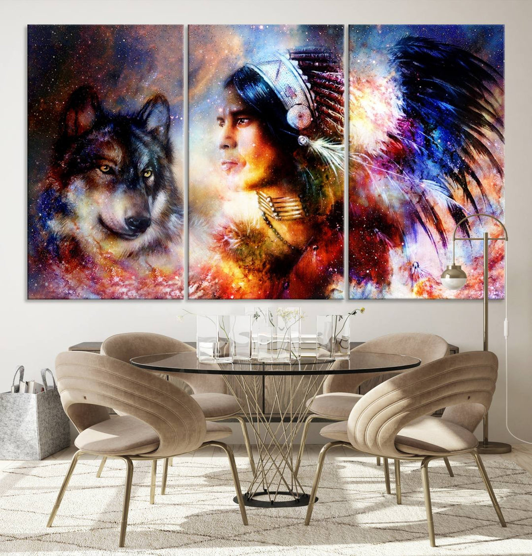 The "Wolf and Abstract Indian Chief Wall Art Canvas Print" showcases an abstract depiction of a person wearing a feathered headdress with a wolf set against a celestial backdrop, infusing any room with vibrant energy.