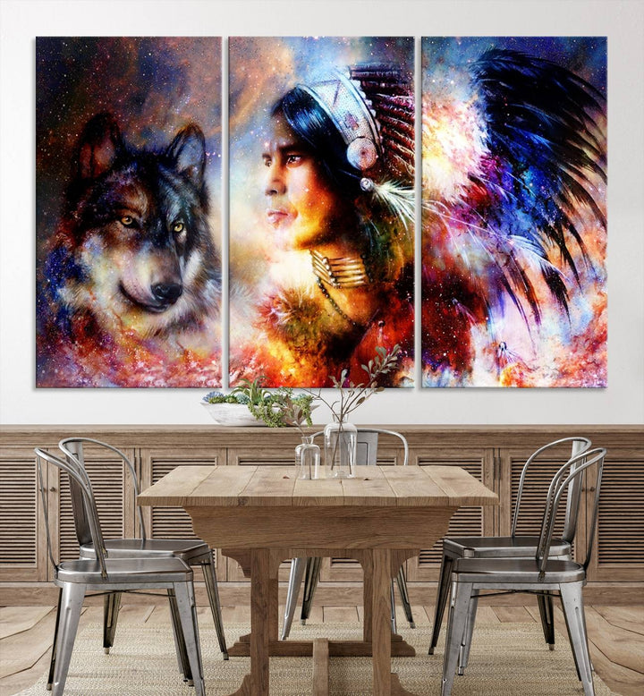 The "Wolf and Abstract Indian Chief Wall Art Canvas Print" showcases an abstract depiction of a person wearing a feathered headdress with a wolf set against a celestial backdrop, infusing any room with vibrant energy.