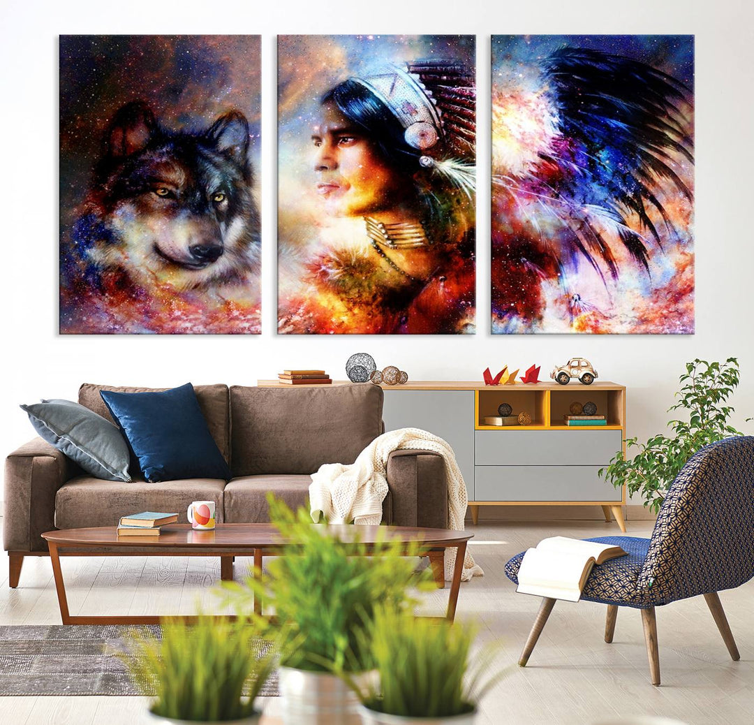 The "Wolf and Abstract Indian Chief Wall Art Canvas Print" showcases an abstract depiction of a person wearing a feathered headdress with a wolf set against a celestial backdrop, infusing any room with vibrant energy.