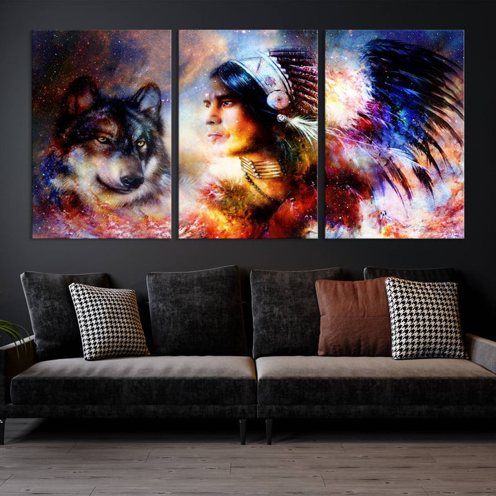 The "Wolf and Abstract Indian Chief Wall Art Canvas Print" showcases an abstract depiction of a person wearing a feathered headdress with a wolf set against a celestial backdrop, infusing any room with vibrant energy.