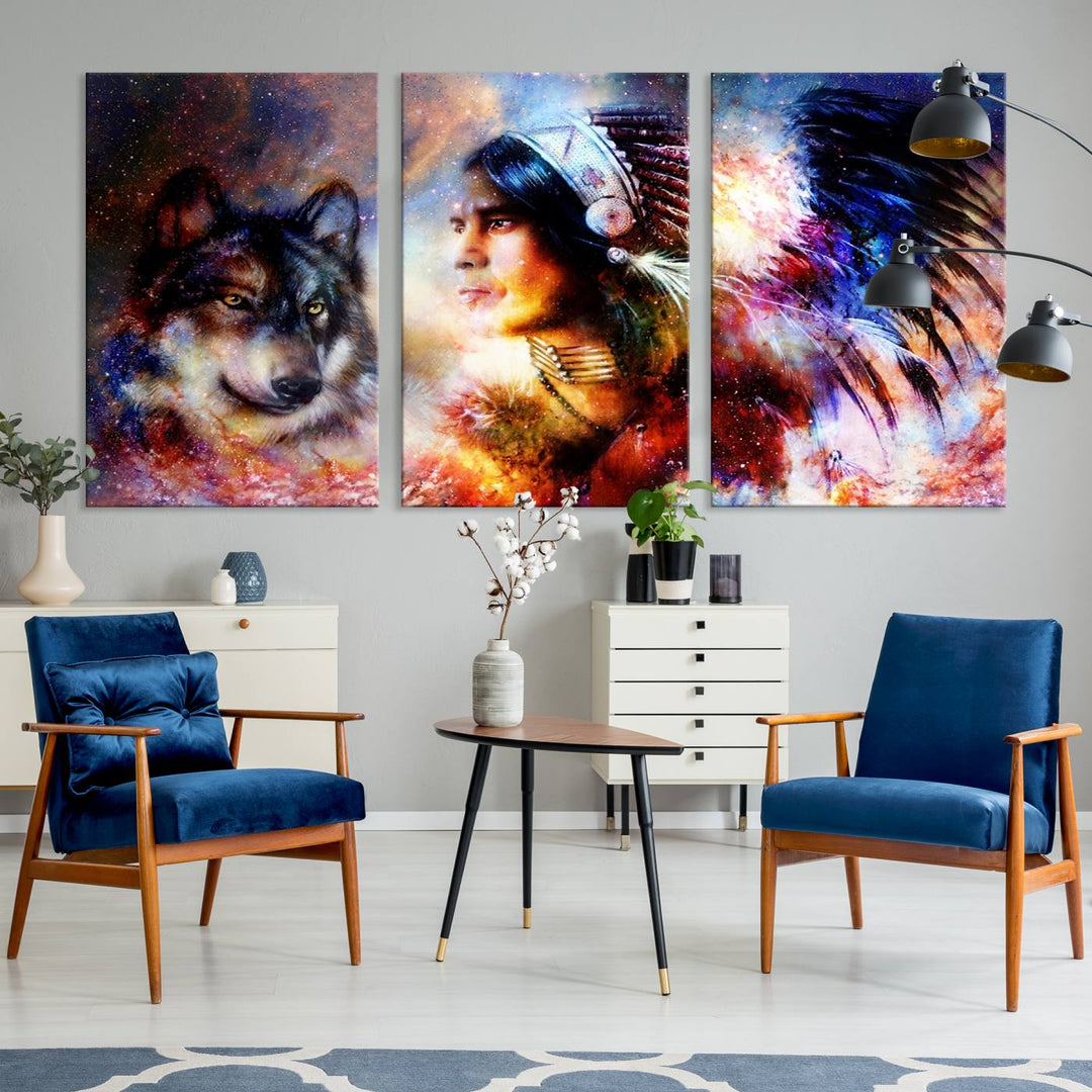 The "Wolf and Abstract Indian Chief Wall Art Canvas Print" showcases an abstract depiction of a person wearing a feathered headdress with a wolf set against a celestial backdrop, infusing any room with vibrant energy.