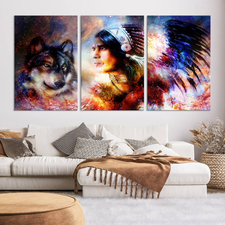 The "Wolf and Abstract Indian Chief Wall Art Canvas Print" showcases an abstract depiction of a person wearing a feathered headdress with a wolf set against a celestial backdrop, infusing any room with vibrant energy.