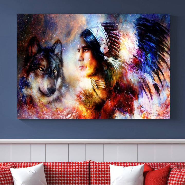 The "Wolf and Abstract Indian Chief Wall Art Canvas Print" showcases an abstract depiction of a person wearing a feathered headdress with a wolf set against a celestial backdrop, infusing any room with vibrant energy.