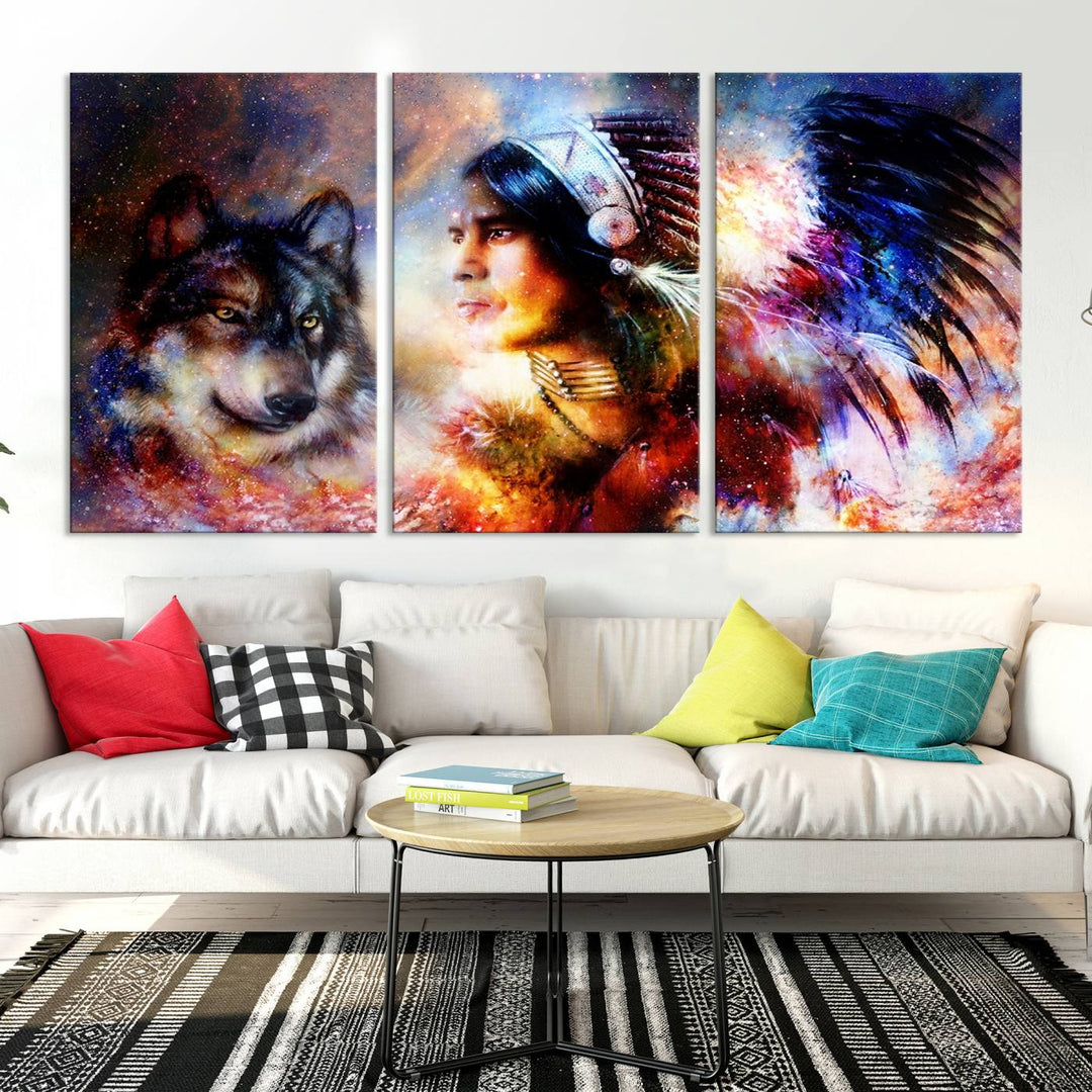 The "Wolf and Abstract Indian Chief Wall Art Canvas Print" showcases an abstract depiction of a person wearing a feathered headdress with a wolf set against a celestial backdrop, infusing any room with vibrant energy.