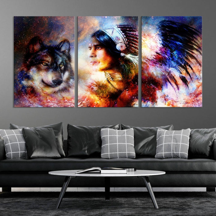 The "Wolf and Abstract Indian Chief Wall Art Canvas Print" showcases an abstract depiction of a person wearing a feathered headdress with a wolf set against a celestial backdrop, infusing any room with vibrant energy.