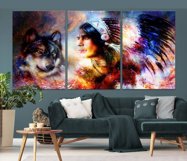 The "Wolf and Abstract Indian Chief Wall Art Canvas Print" showcases an abstract depiction of a person wearing a feathered headdress with a wolf set against a celestial backdrop, infusing any room with vibrant energy.