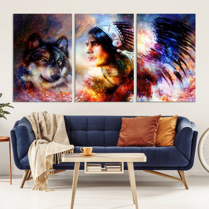 The "Wolf and Abstract Indian Chief Wall Art Canvas Print" showcases an abstract depiction of a person wearing a feathered headdress with a wolf set against a celestial backdrop, infusing any room with vibrant energy.