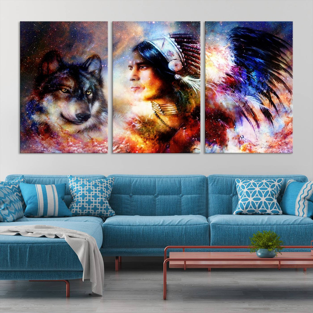 The "Wolf and Abstract Indian Chief Wall Art Canvas Print" showcases an abstract depiction of a person wearing a feathered headdress with a wolf set against a celestial backdrop, infusing any room with vibrant energy.