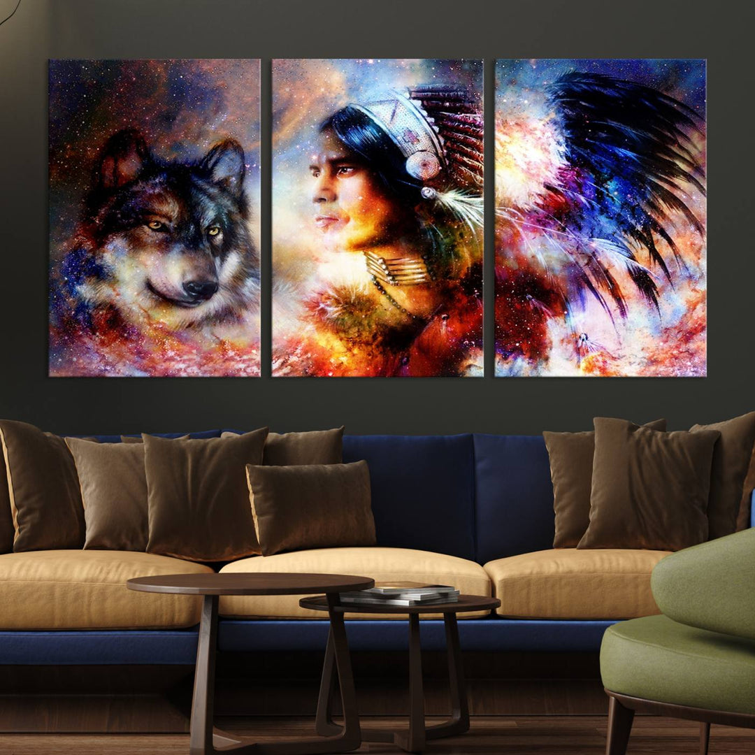 The "Wolf and Abstract Indian Chief Wall Art Canvas Print" showcases an abstract depiction of a person wearing a feathered headdress with a wolf set against a celestial backdrop, infusing any room with vibrant energy.